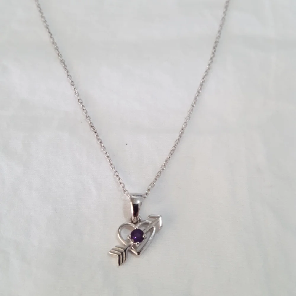 Girls Necklace small heart w arrow and purple stone